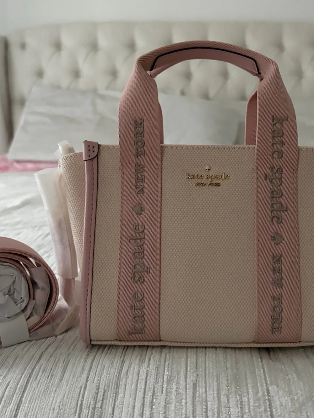 kate spade Pink and Cream Canvas Tote with Signature Webbed Straps
